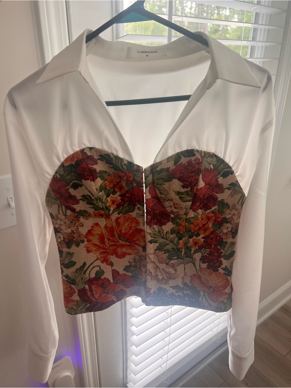 Commense White Blouse with Floral Bustier Panel